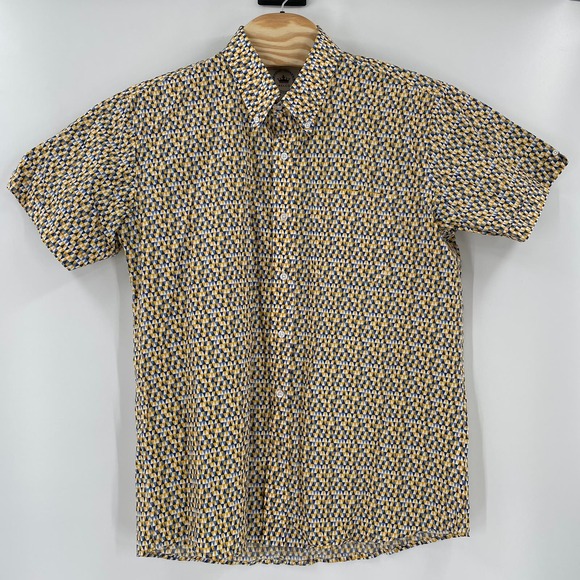 Relco London XL Yellow Blue Triangle Pattern Short Sleeve Cotton Button Up Shirt - Picture 4 of 5